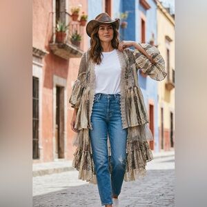 Origami Embroidered Lace Kimono in Blush Beige